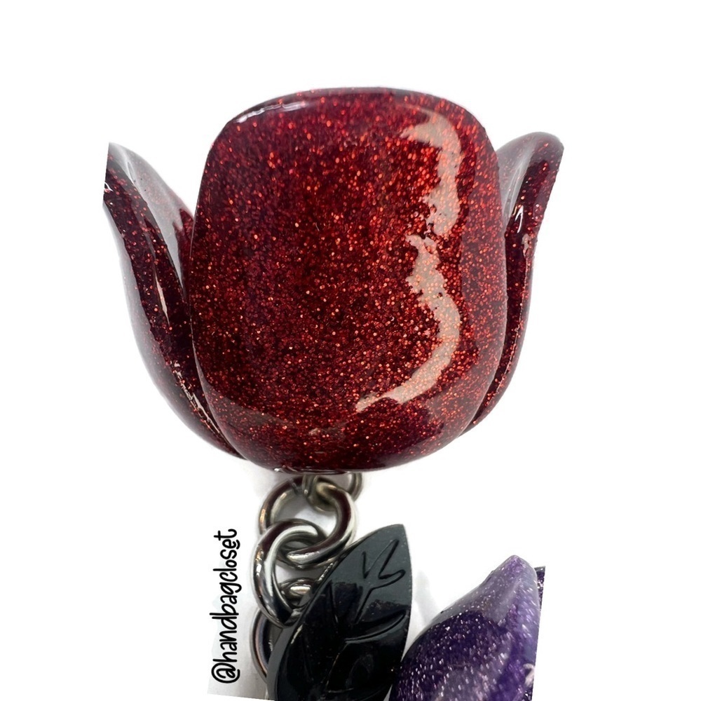 COACH GLITTER RESIN TEA ROSE BAG CHARM F58514 SILVER RED PURPLE TULIP KEYCHAIN - Picture 5 of 11